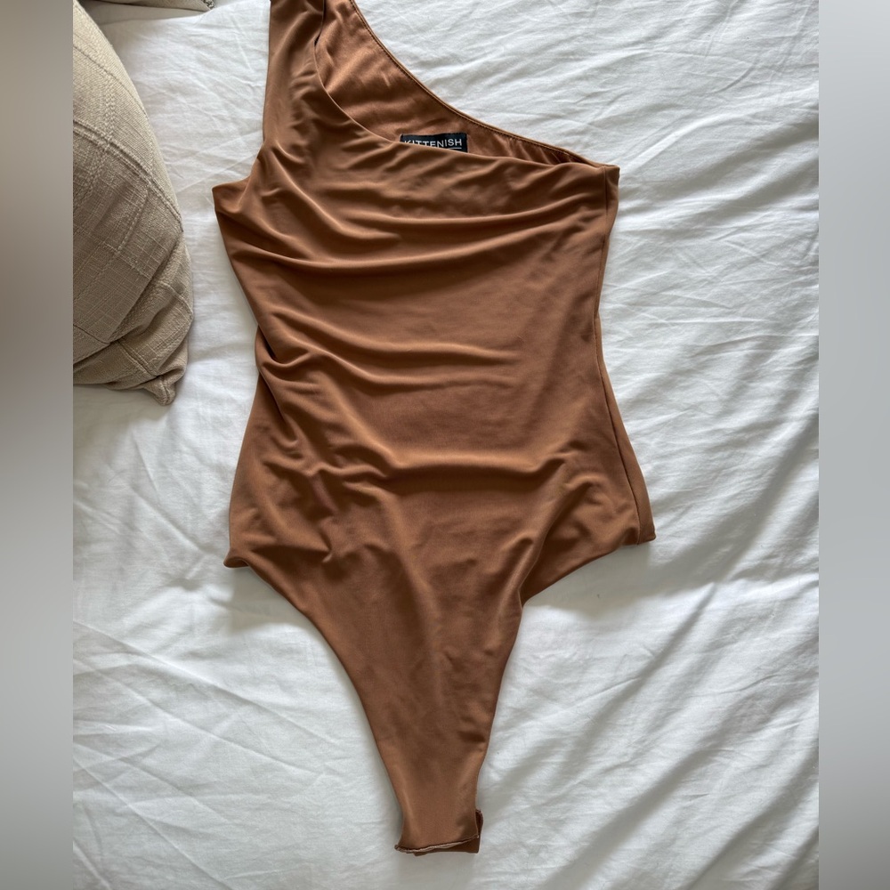 Kittenish Tan one shoulder Bodysuit